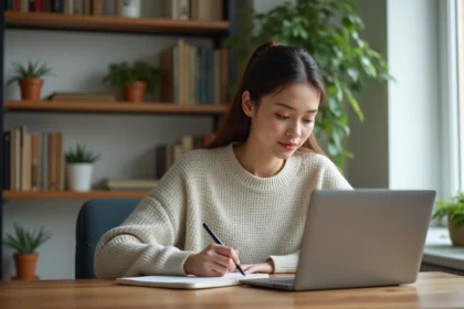 Jeune femme en tenue décontractée travaillant à son bureau lumineux