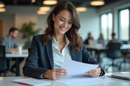 Femme en bureau moderne examinant des documents formation 2025