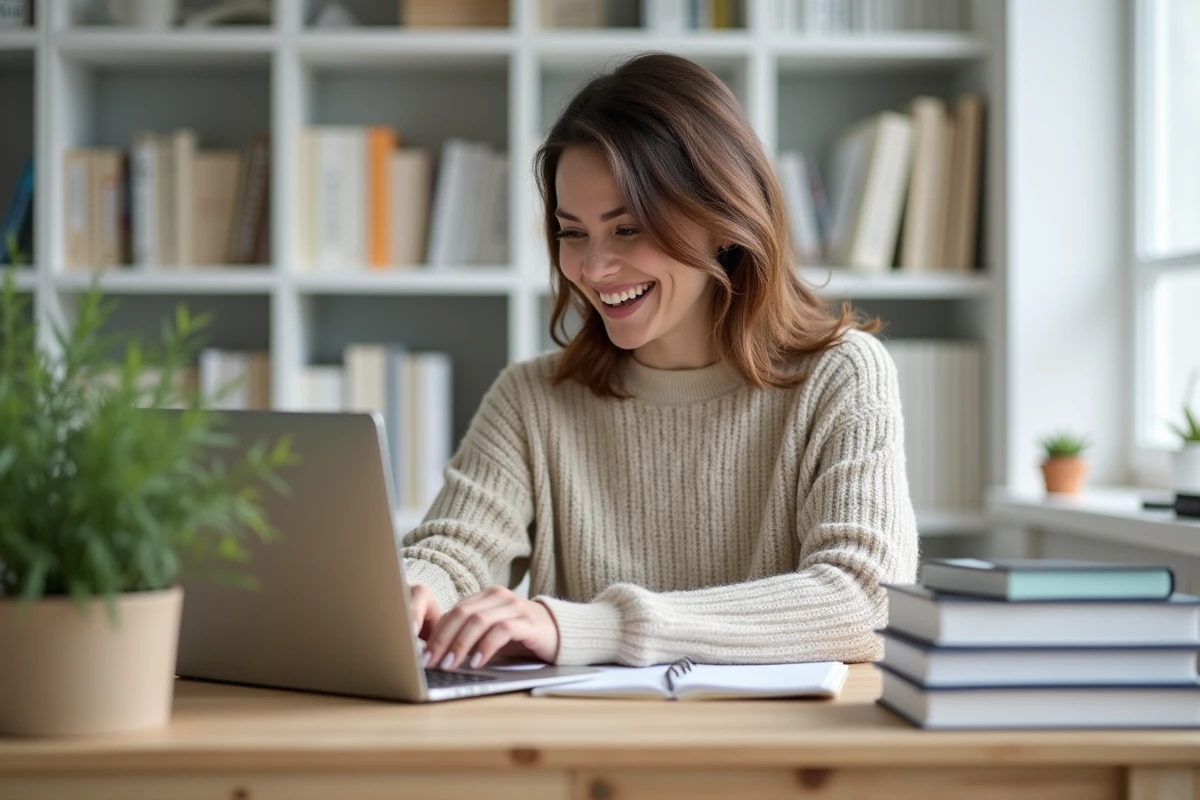 Femme souriante travaillant sur son ordinateur dans un bureau lumineux