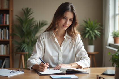Jeune femme au bureau organisant ses tâches