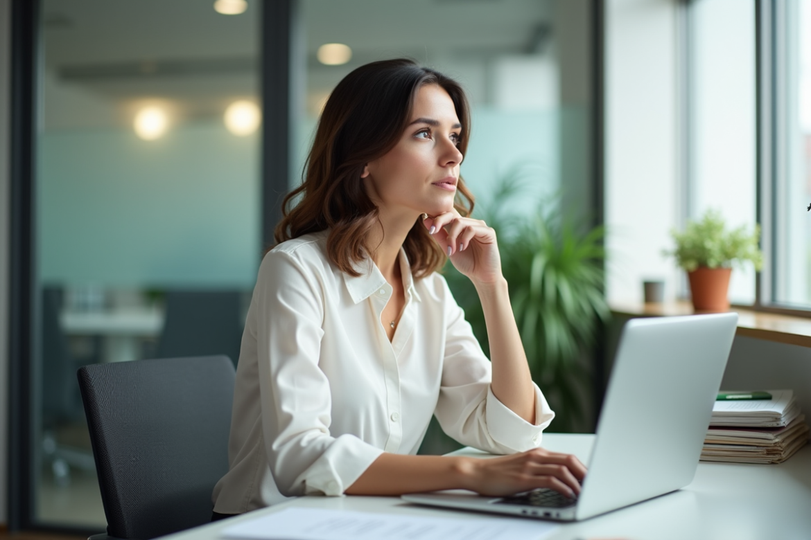 Femme au bureau regardant par la fenêtre en réflexion