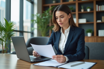 Femme confiante en costume regardant un diplôme au bureau
