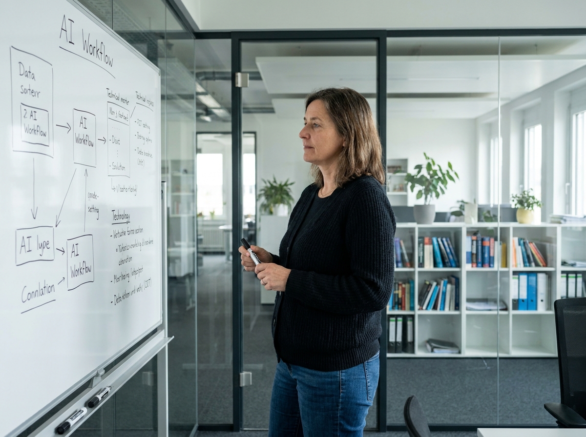 Femme developpeur analysant un diagramme AI dans une salle de réunion