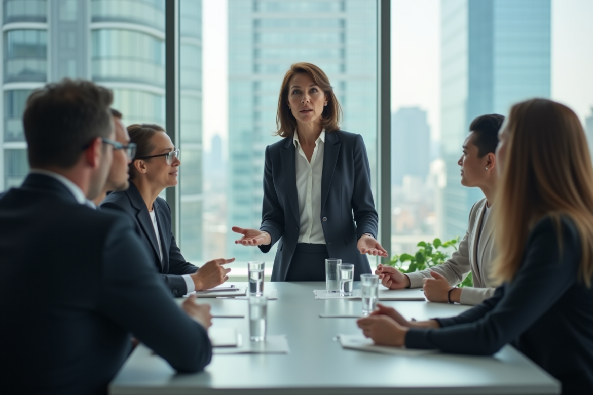 Femme en costume dirigeant une réunion d'équipe en entreprise