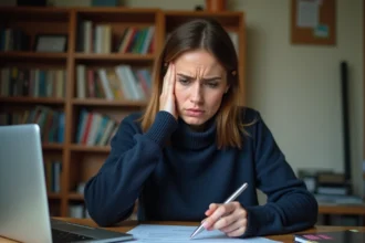 Femme consultant des documents administratifs pour son inscription à Pôle emploi avec une expression préoccupée