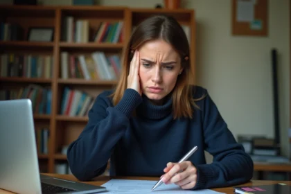 Femme consultant des documents administratifs pour son inscription à Pôle emploi avec une expression préoccupée