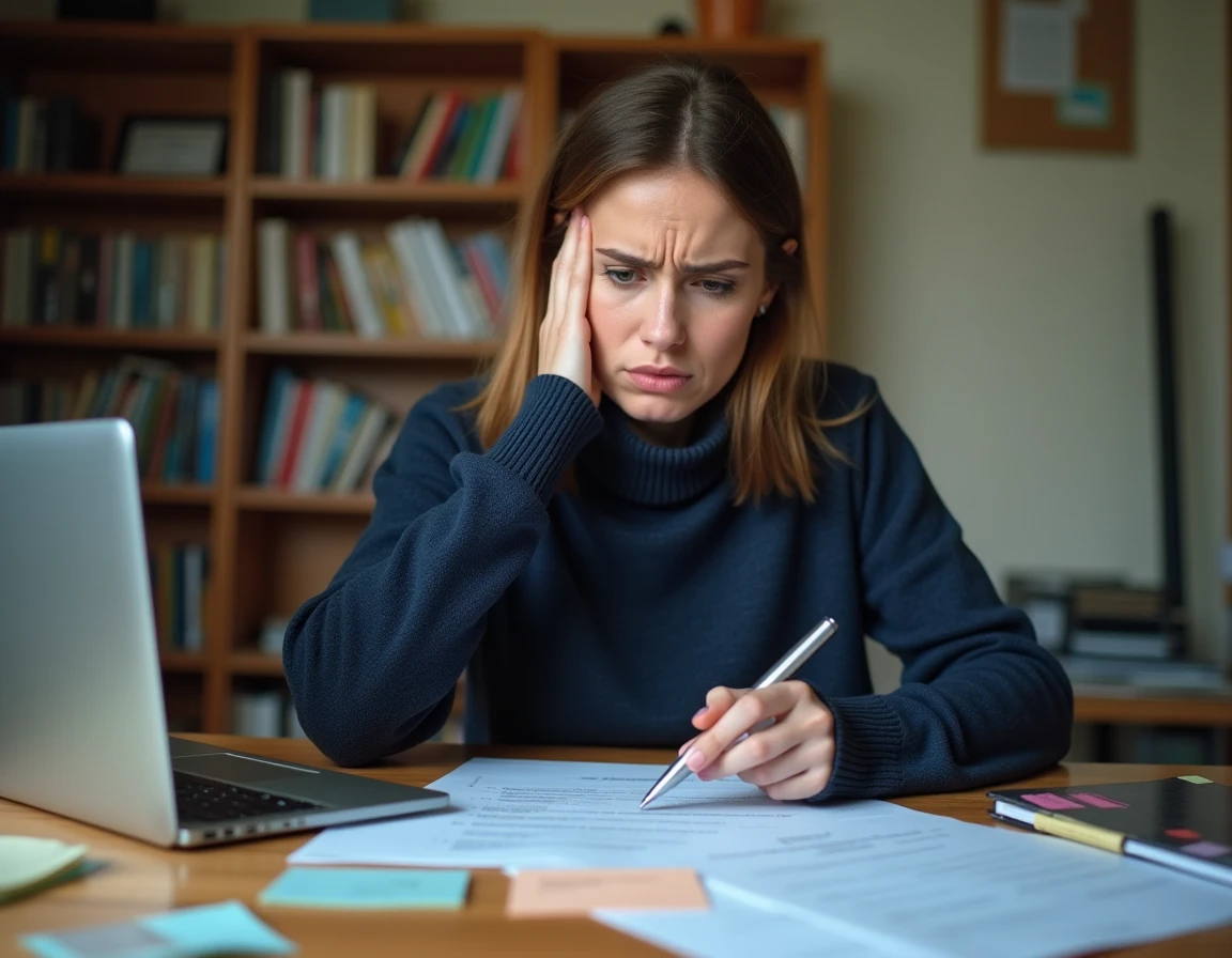 Femme consultant des documents administratifs pour son inscription à Pôle emploi avec une expression préoccupée