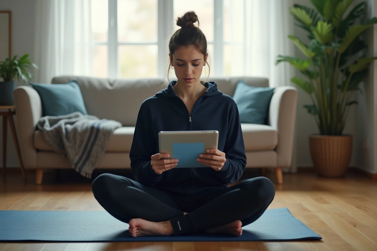 Jeune femme en tenue de sport révisant des exercices psychotechniques sur tablette dans son salon, illustrant la difficulté de maintenir un entraînement régulier malgré le manque de temps