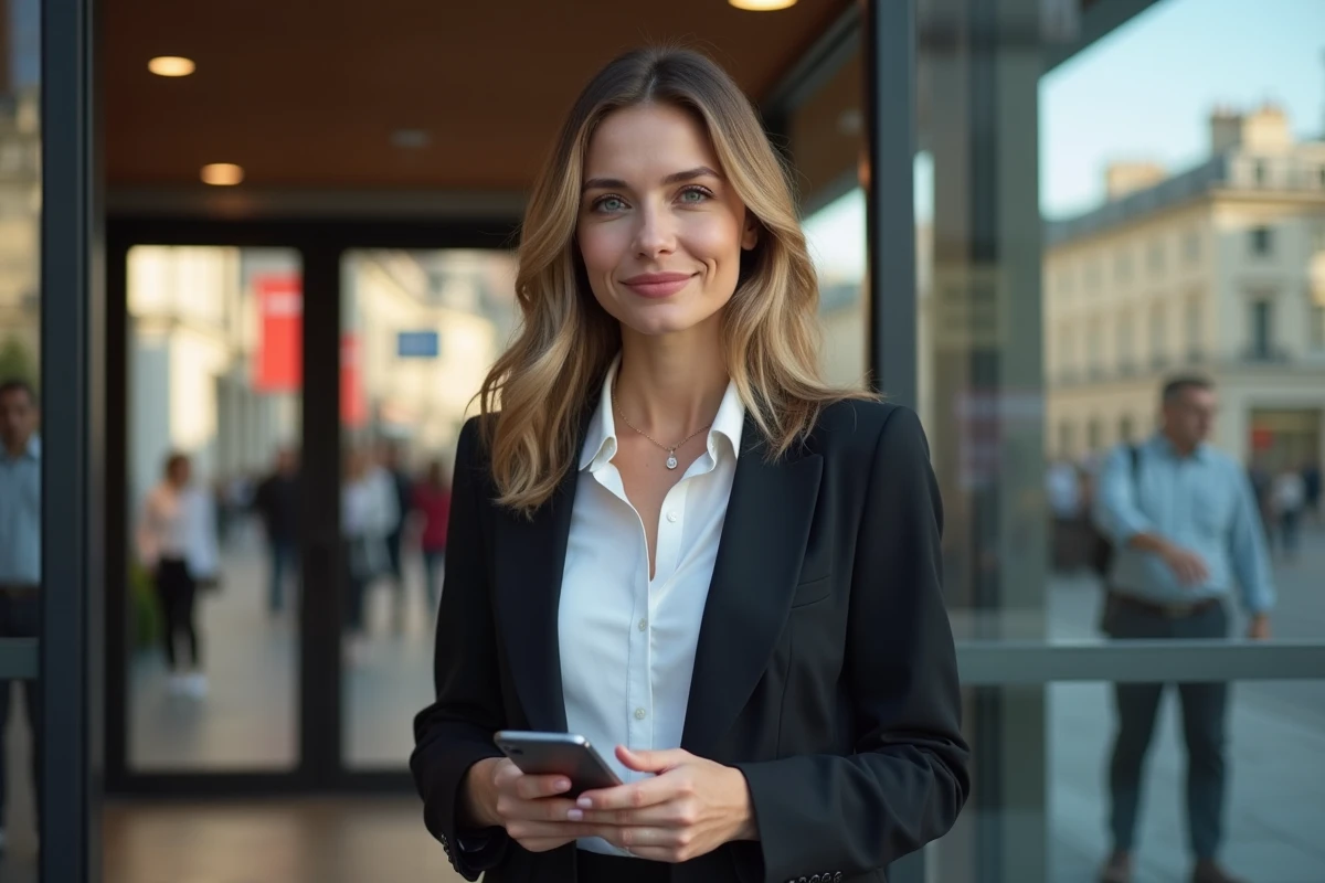 Femme confiante avec smartphone devant un hall moderne