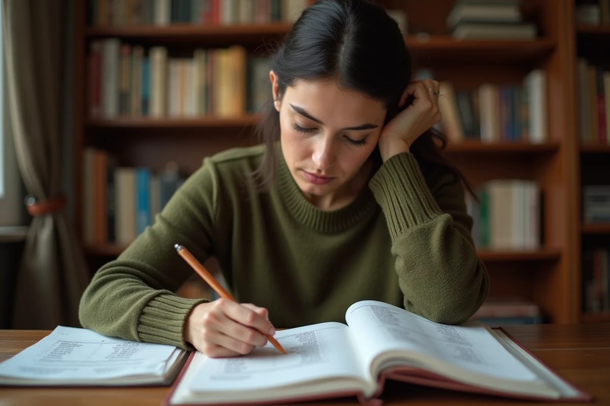 Femme étudiant la conjugaison de l'imparfait espagnol dans ses cahiers de grammaire à son bureau