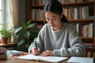 Femme étudiant des connecteurs logiques dans un cahier sur un bureau en bois entouré de livres de référence