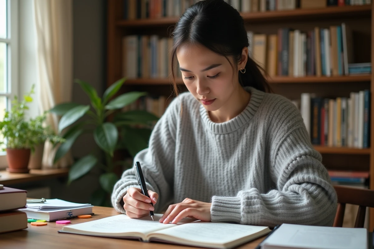 Femme étudiant des connecteurs logiques dans un cahier sur un bureau en bois entouré de livres de référence