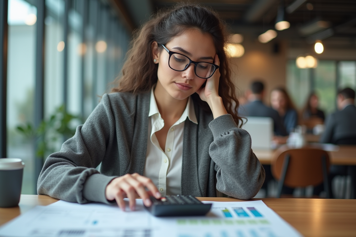 Femme concentrée utilisant une calculatrice et documents