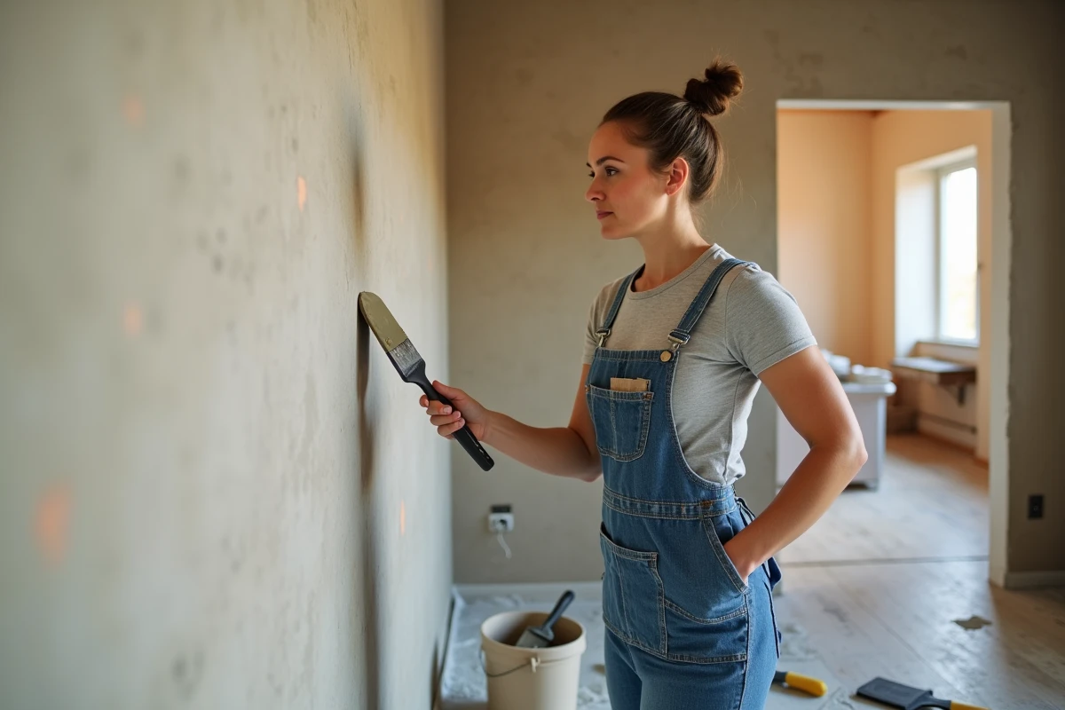 Femme appliquant de l'enduit sur un mur lors d'une rénovation intérieure financée par le CPF