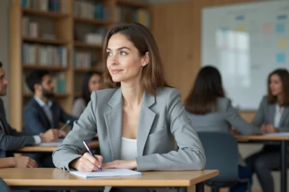 Femme adulte prenant des notes lors d'une formation professionnelle courte dans un centre de formation moderne
