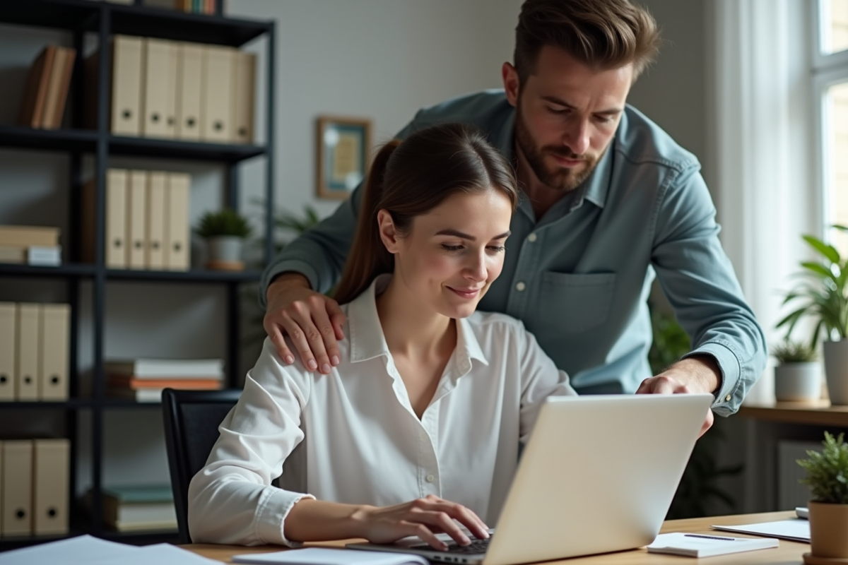 Femme remplissant un formulaire en ligne avec son mari derrière