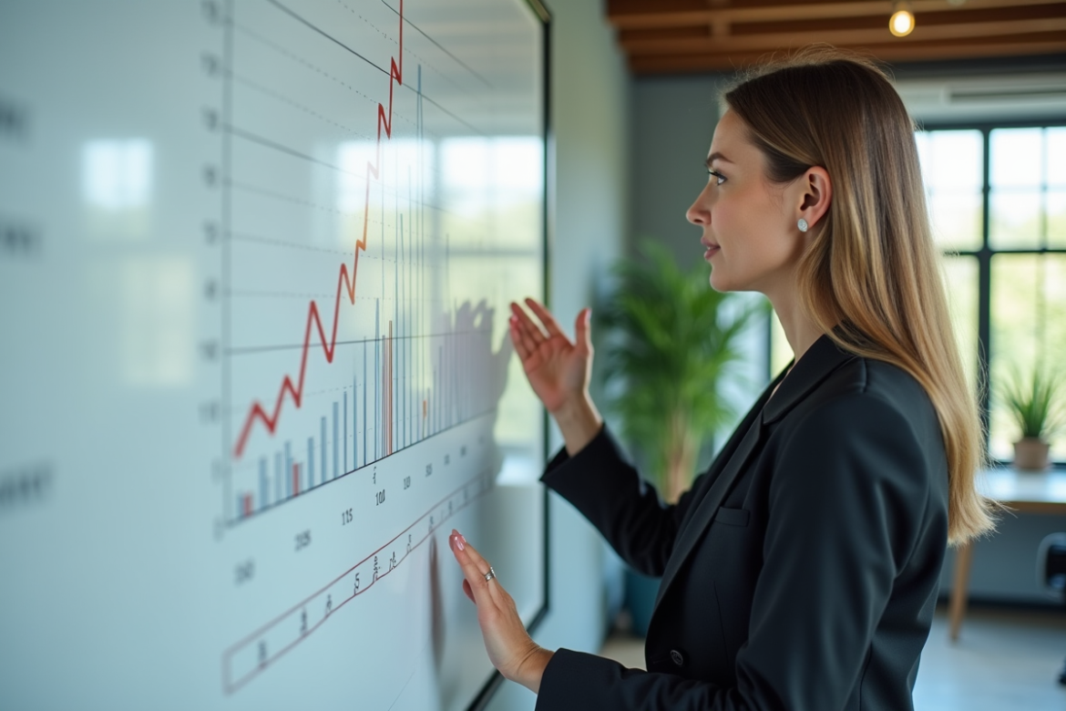 Femme d affaires en bureau moderne avec graphique de croissance