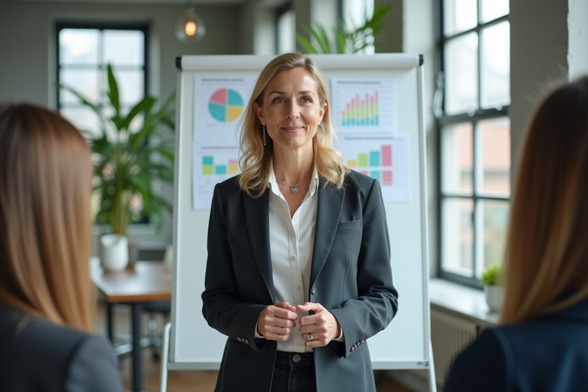 Femme manager en formation devant un tableau de graphiques