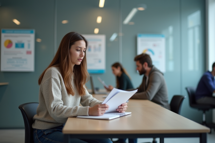 Femme assise à un bureau moderne en formation