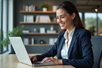 Femme souriante éditant son CV en ligne dans un bureau moderne
