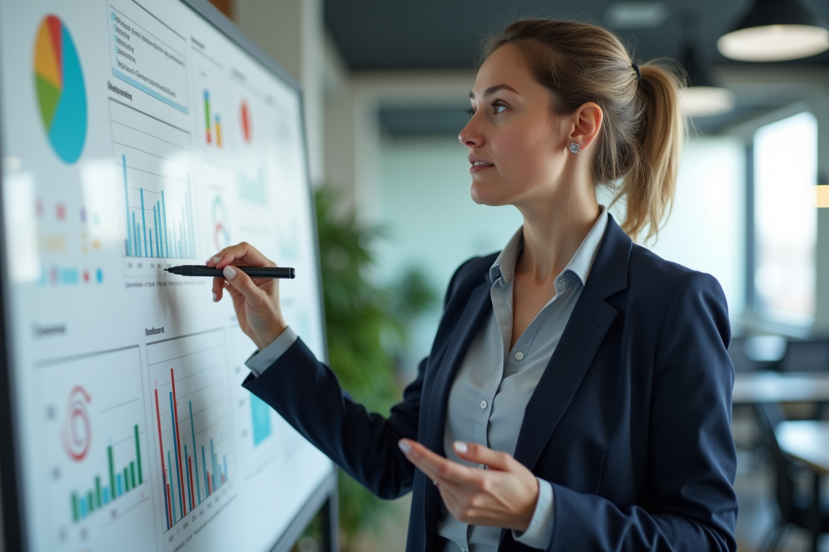 Femme confiante présentant des graphiques