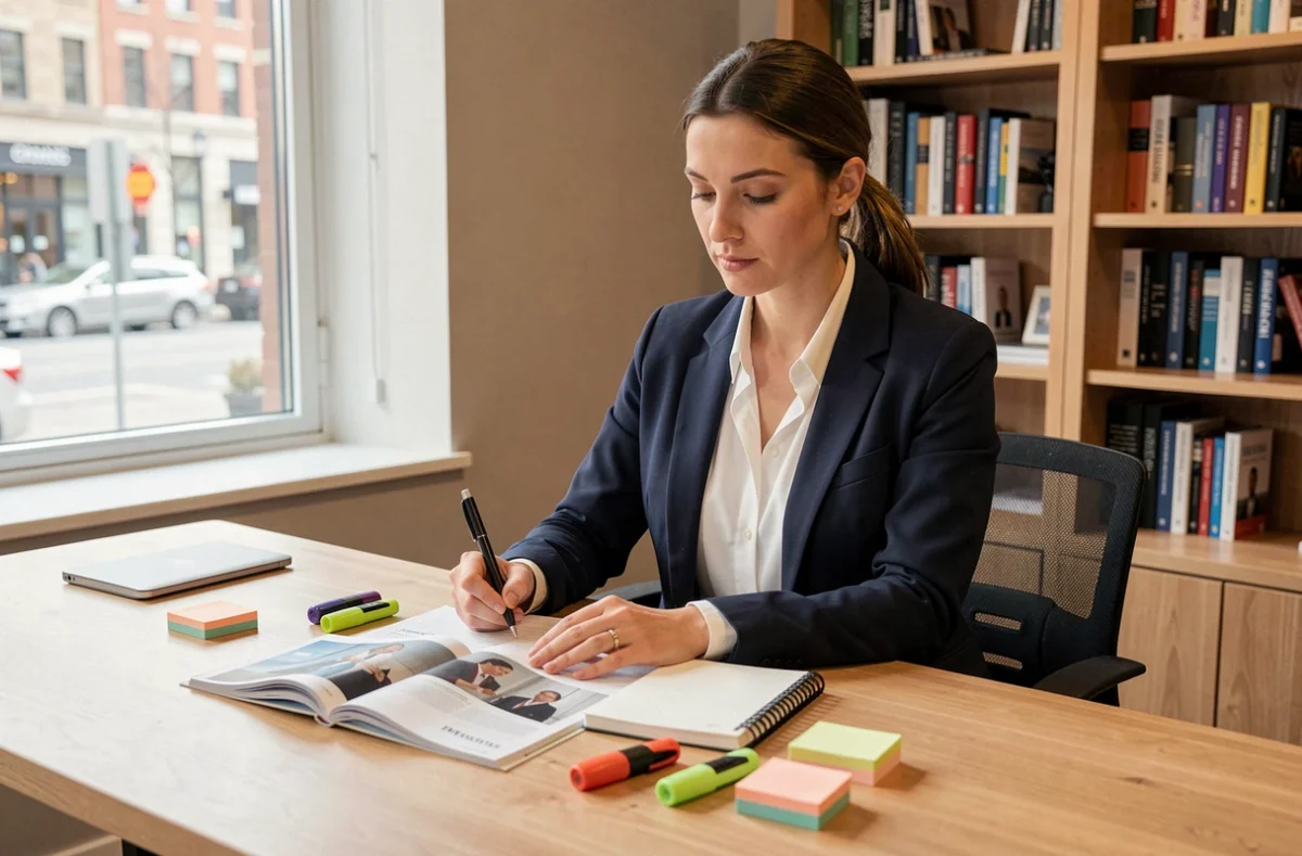 Femme professionnelle lisant un magazine de formation business à son bureau avec des notes et surligneurs, illustrant la rentabilisation d'un abonnement magazine