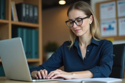 Femme professionnelle en bureau moderne avec ordinateur