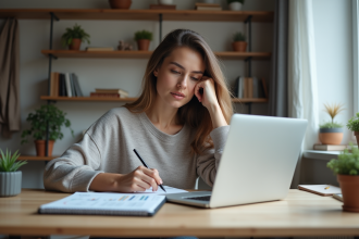 Femme professionnelle analysant des chiffres dans un bureau à domicile