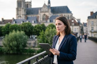 Femme en costume regardant son tablet sur un pont à Mantes