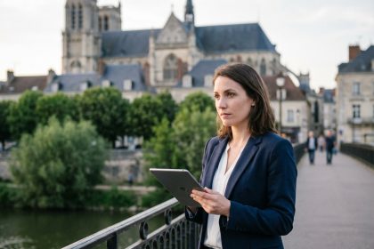 Femme en costume regardant son tablet sur un pont à Mantes