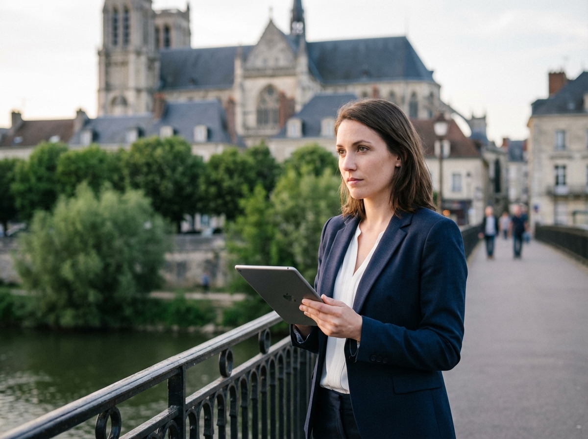 Femme en costume regardant son tablet sur un pont à Mantes