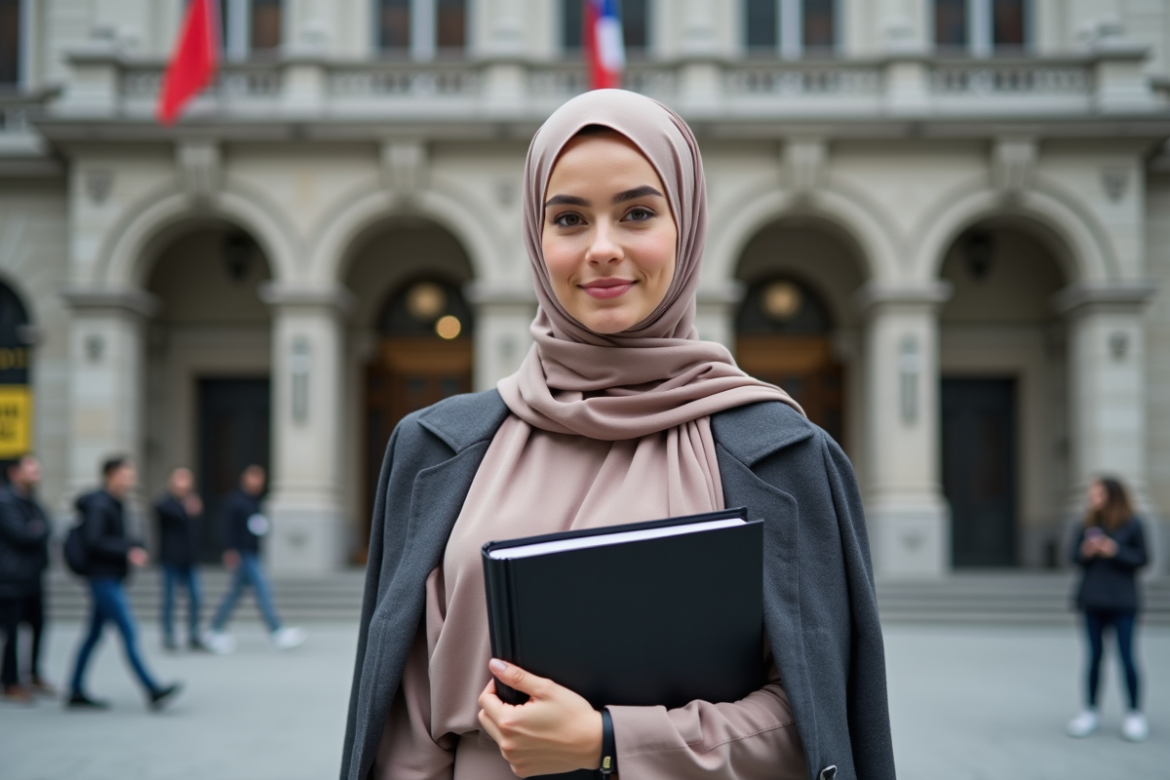 Jeune femme québécoise en hijab devant un bâtiment officiel