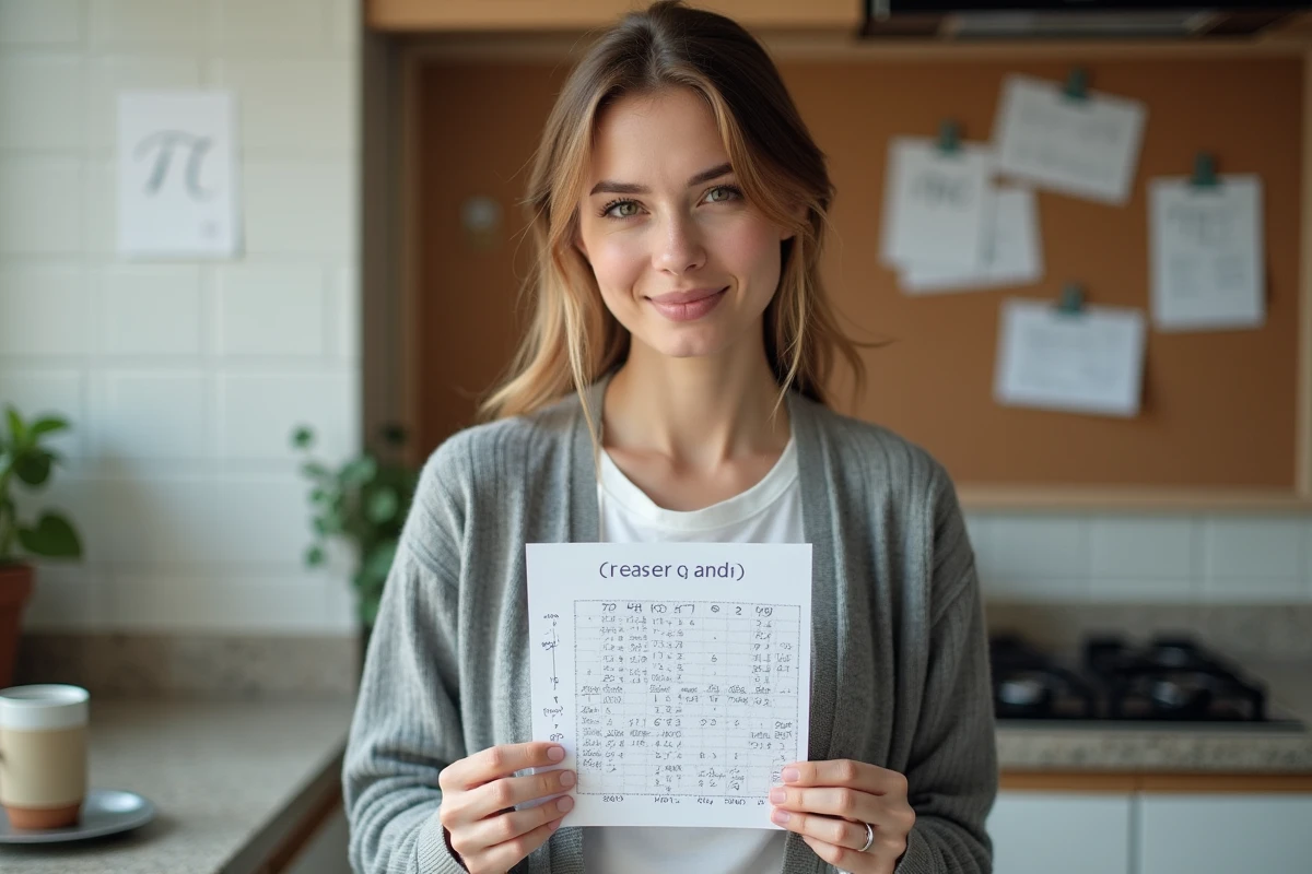 Femme adulte en cuisine récitant des chiffres du tableau de Pi