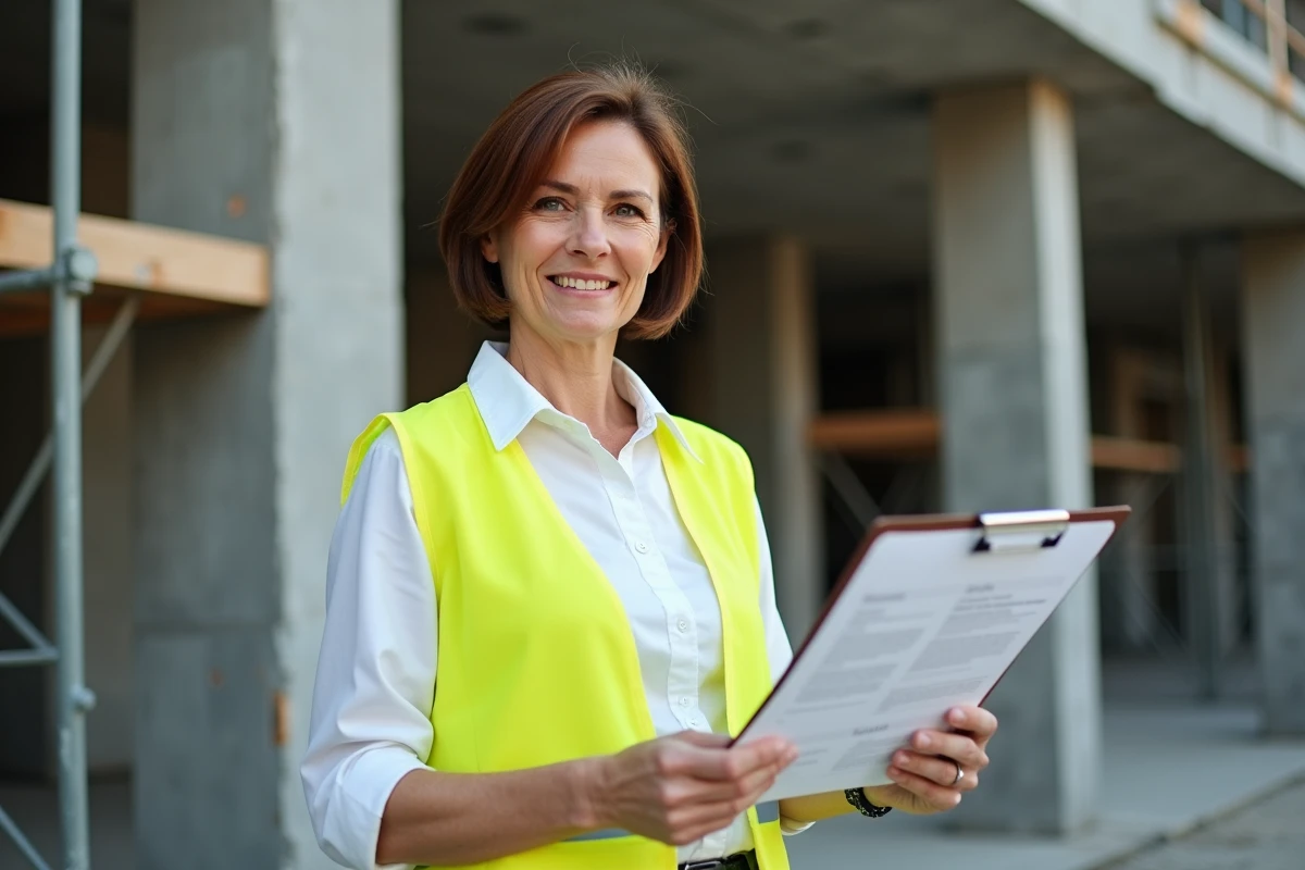 Femme en reconversion dans le secteur du BTP consultant des supports de formation sur un chantier de construction avec gilet de sécurité jaune