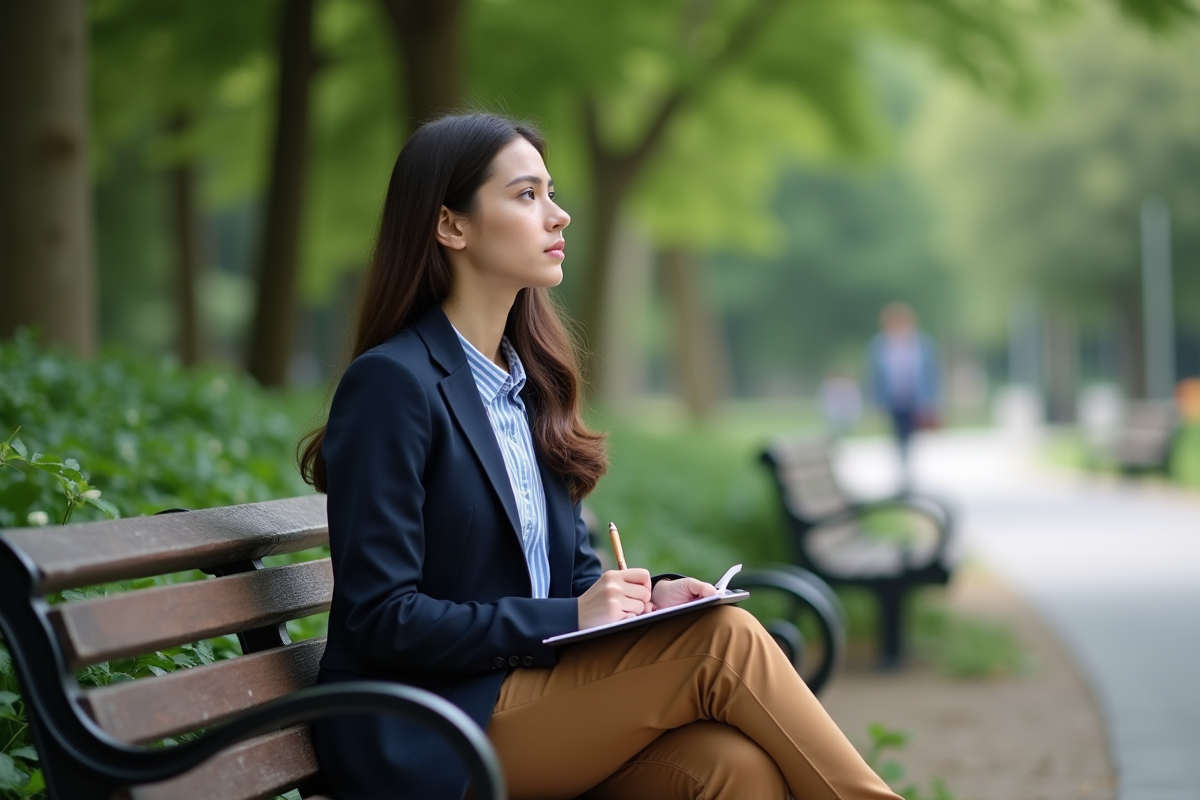 Jeune femme assise sur un banc dans un parc urbain