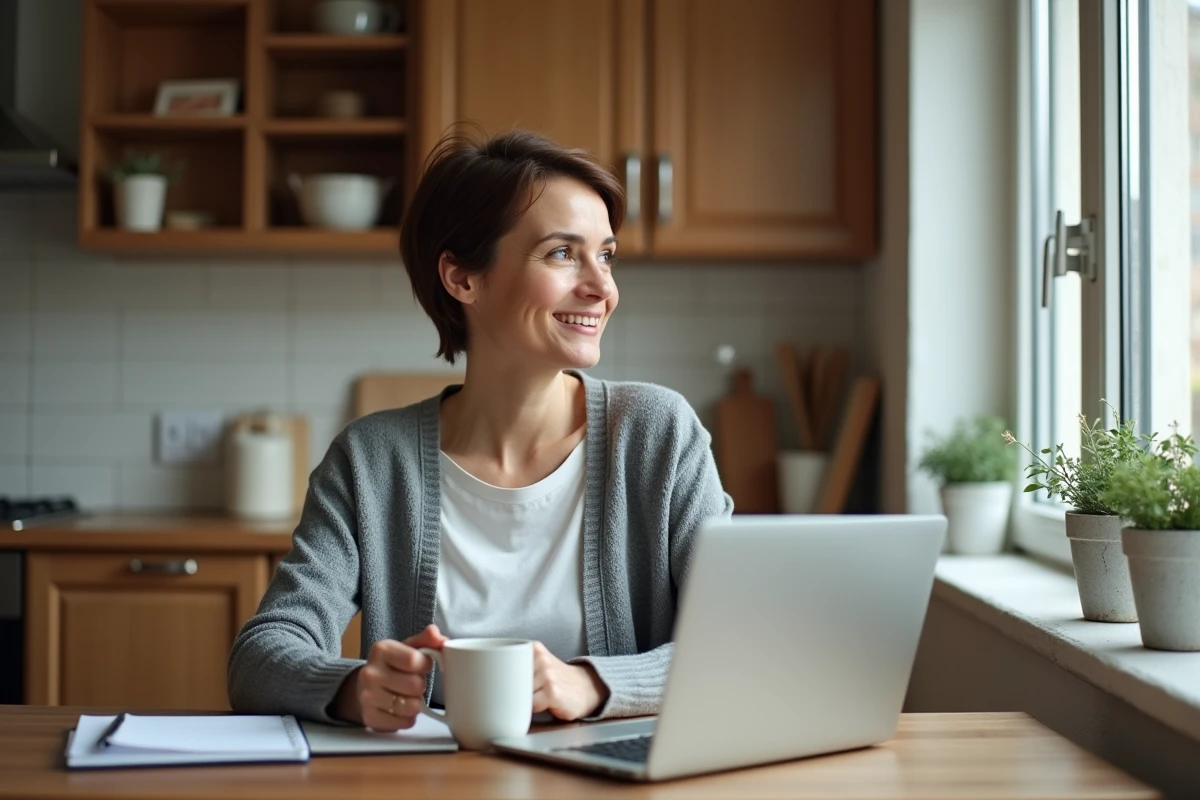 Femme réfléchissant dans une cuisine chaleureuse et conviviale
