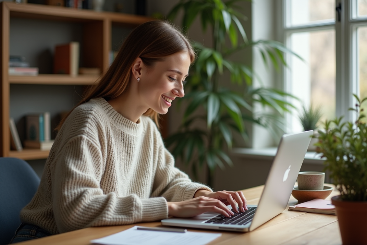 Jeune femme travaillant sur son ordinateur dans un bureau à domicile
