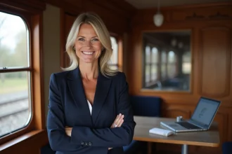 Femme souriante en business près d'un wagon rénové