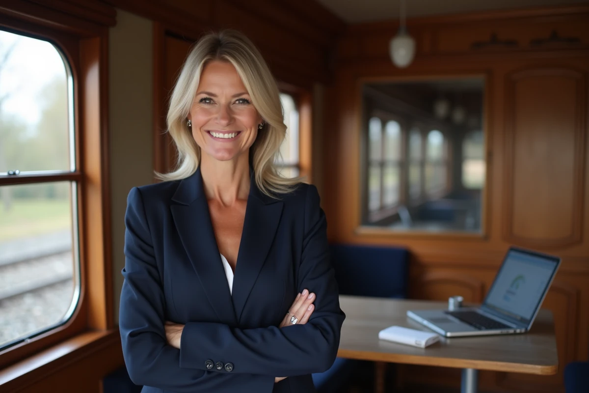 Femme souriante en business près d'un wagon rénové