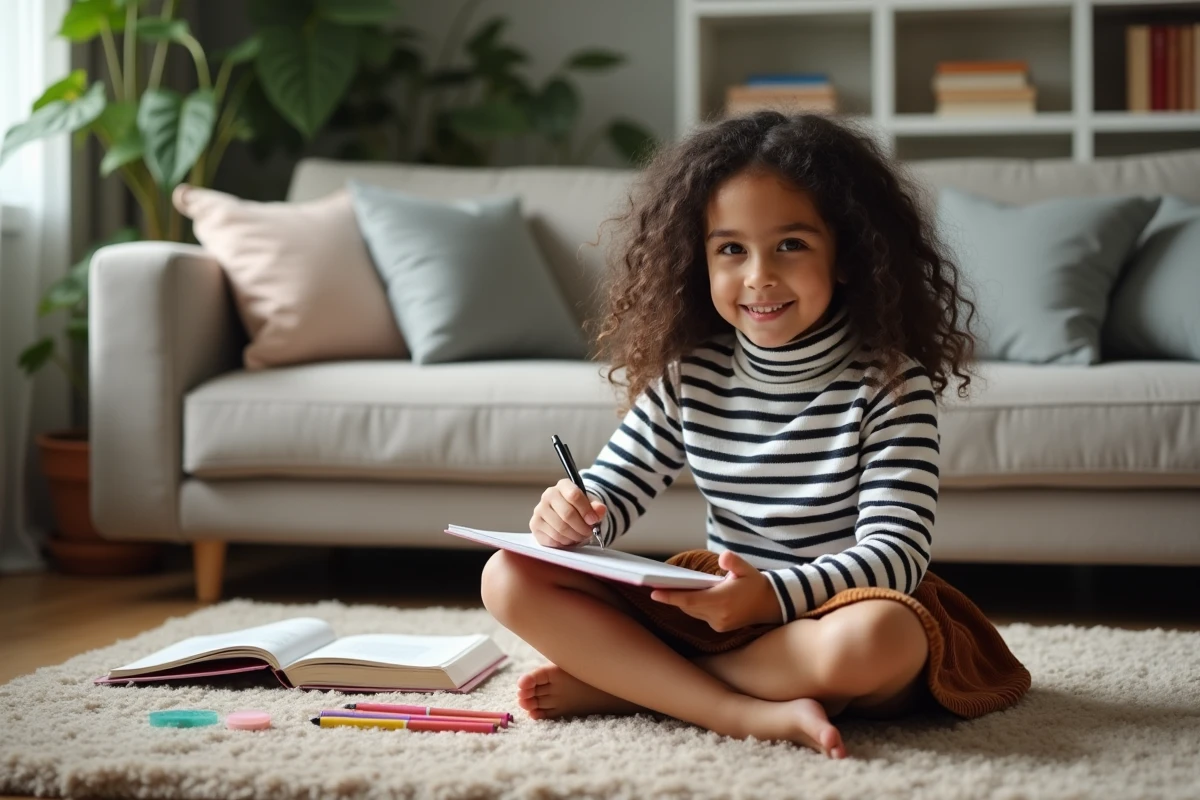Jeune fille de 11 ans effaçant dans son cahier de grammaire à la maison