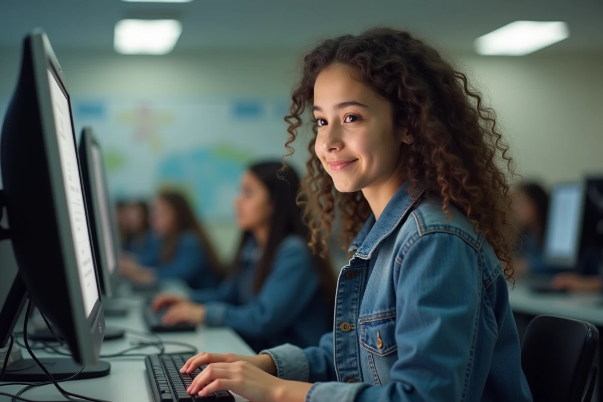 Jeune fille répondant à des questions sur ordinateur en classe