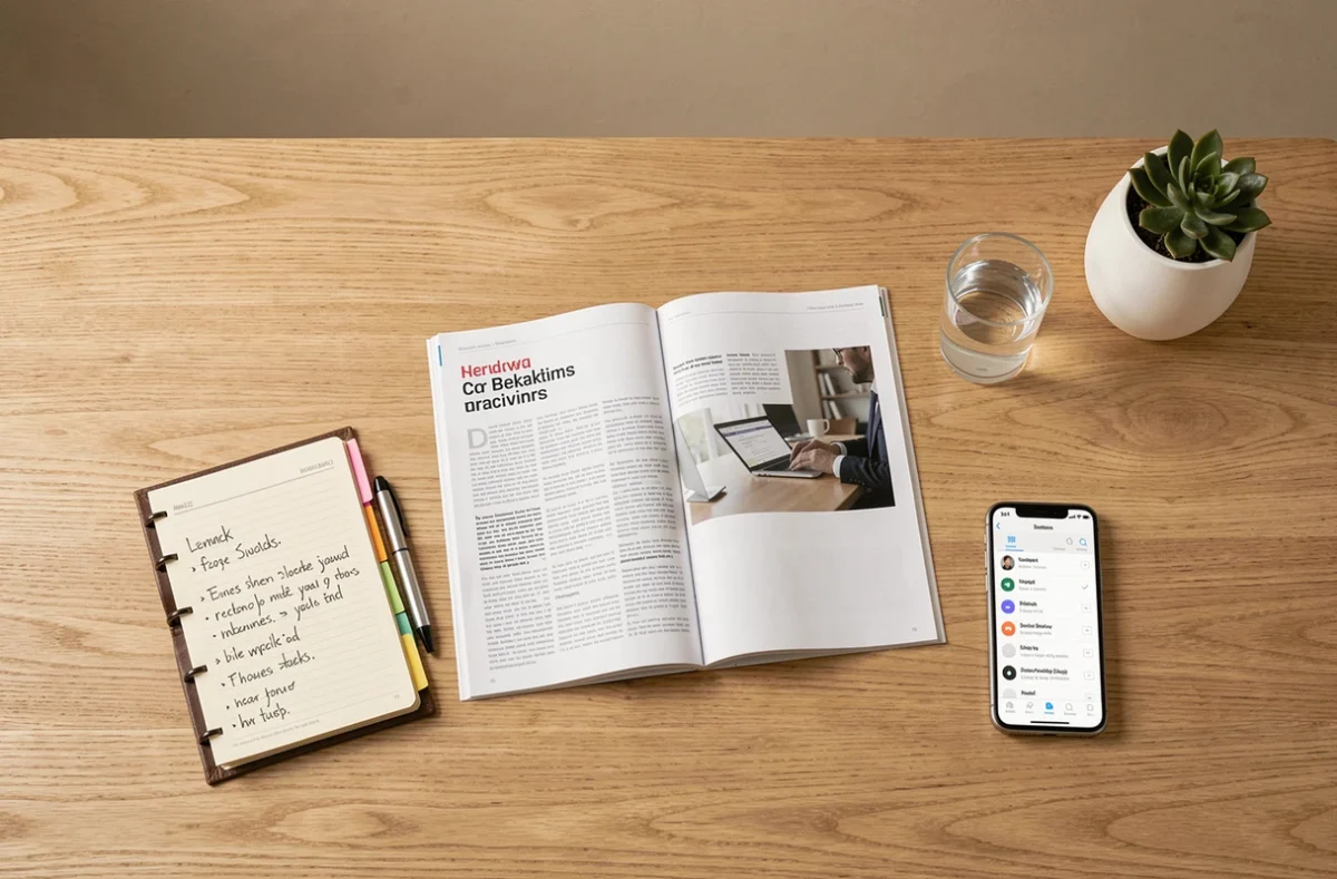 Mise en scène flat lay d'un magazine de formation business entouré d'un agenda, stylo et smartphone sur un bureau en chêne, illustrant l'organisation et la rentabilisation d'un abonnement