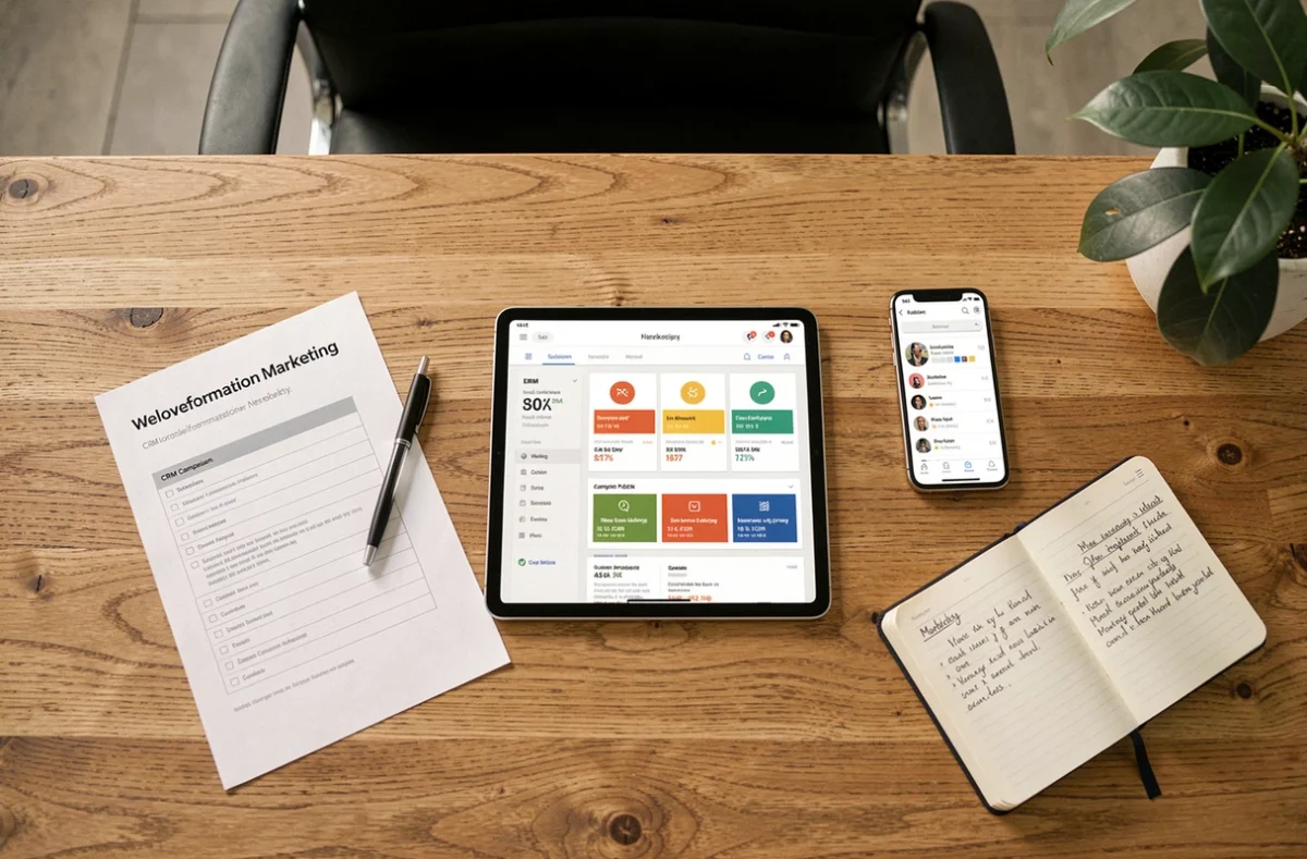 Vue à plat d'un tableau de bord newsletter sur tablette comparé à une checklist CRM imprimée sur une table en bois