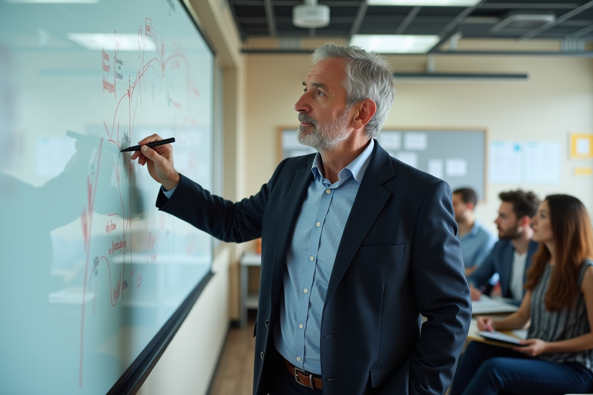 Formateur pointant un diagramme dans une salle de formation