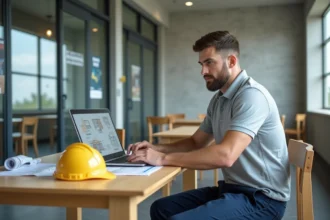 Homme en reconversion professionnelle dans le BTP suivant une formation en ligne sur ordinateur portable dans un centre de formation moderne