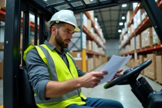 Cariste en formation CACES 1 3 étudiant un document dans un entrepôt industriel moderne