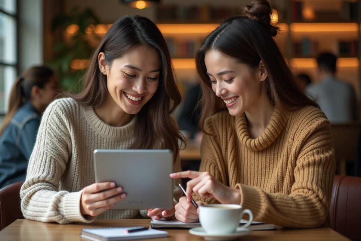 Deux entrepreneures suivant ensemble une formation Canva en ligne sur tablette dans un café, prenant des notes pour améliorer leur image de marque