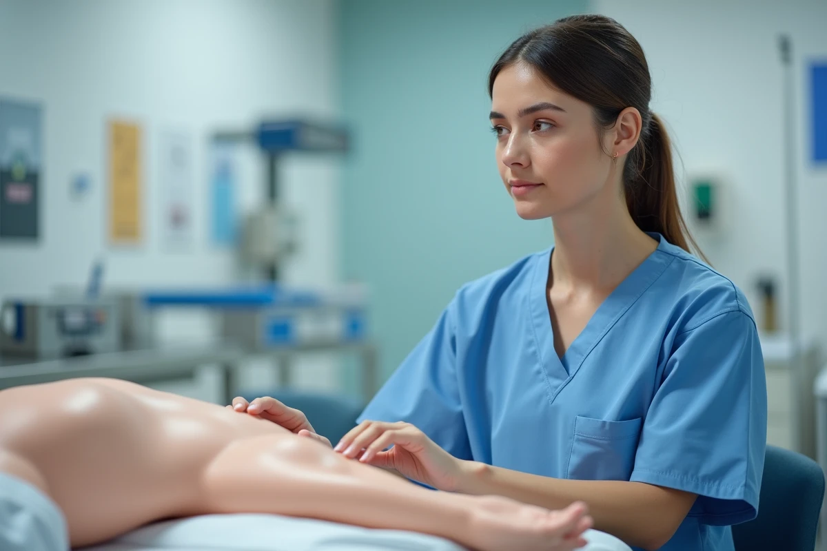 Femme en formation courte aux métiers de la santé pratiquant des soins sur un mannequin dans une salle de simulation médicale