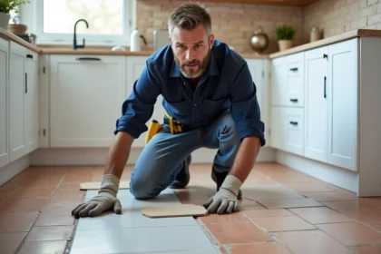 Artisan posant du carrelage moderne dans une cuisine rénovée grâce à une formation CPF en bricolage