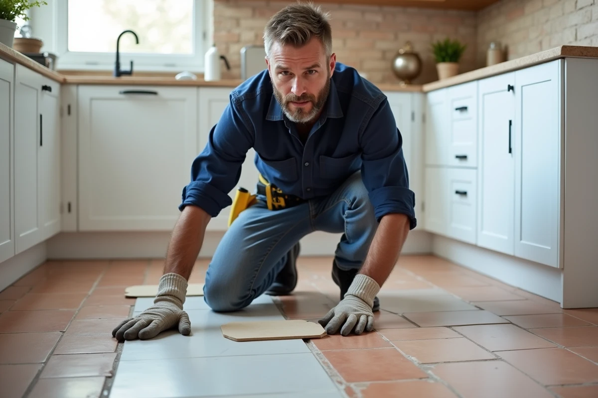Artisan posant du carrelage moderne dans une cuisine rénovée grâce à une formation CPF en bricolage